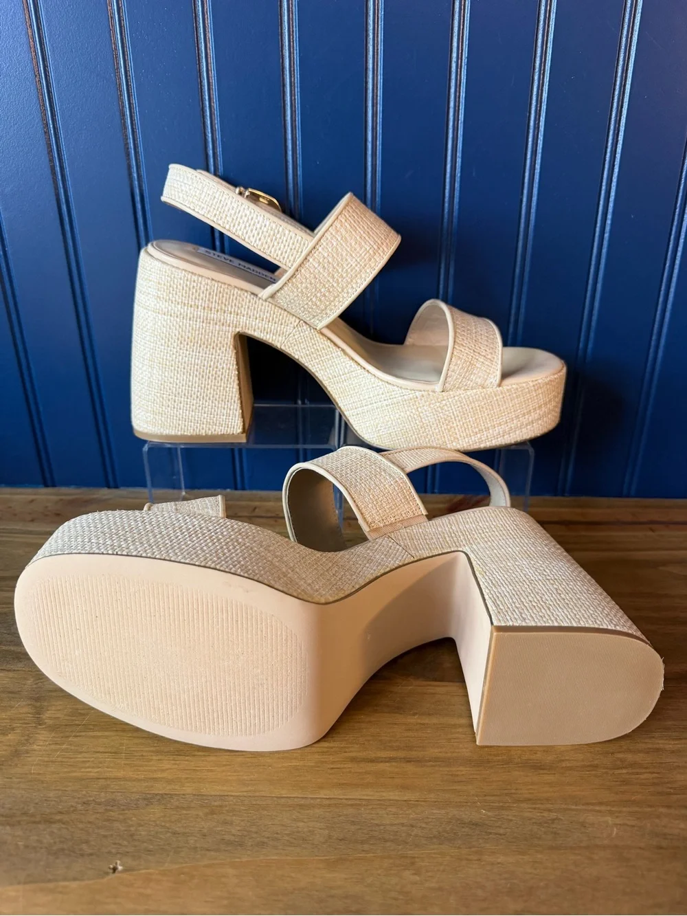 NIB Steve Madden Valory Raffia Platform Block Heel Sandals Natural Size 10